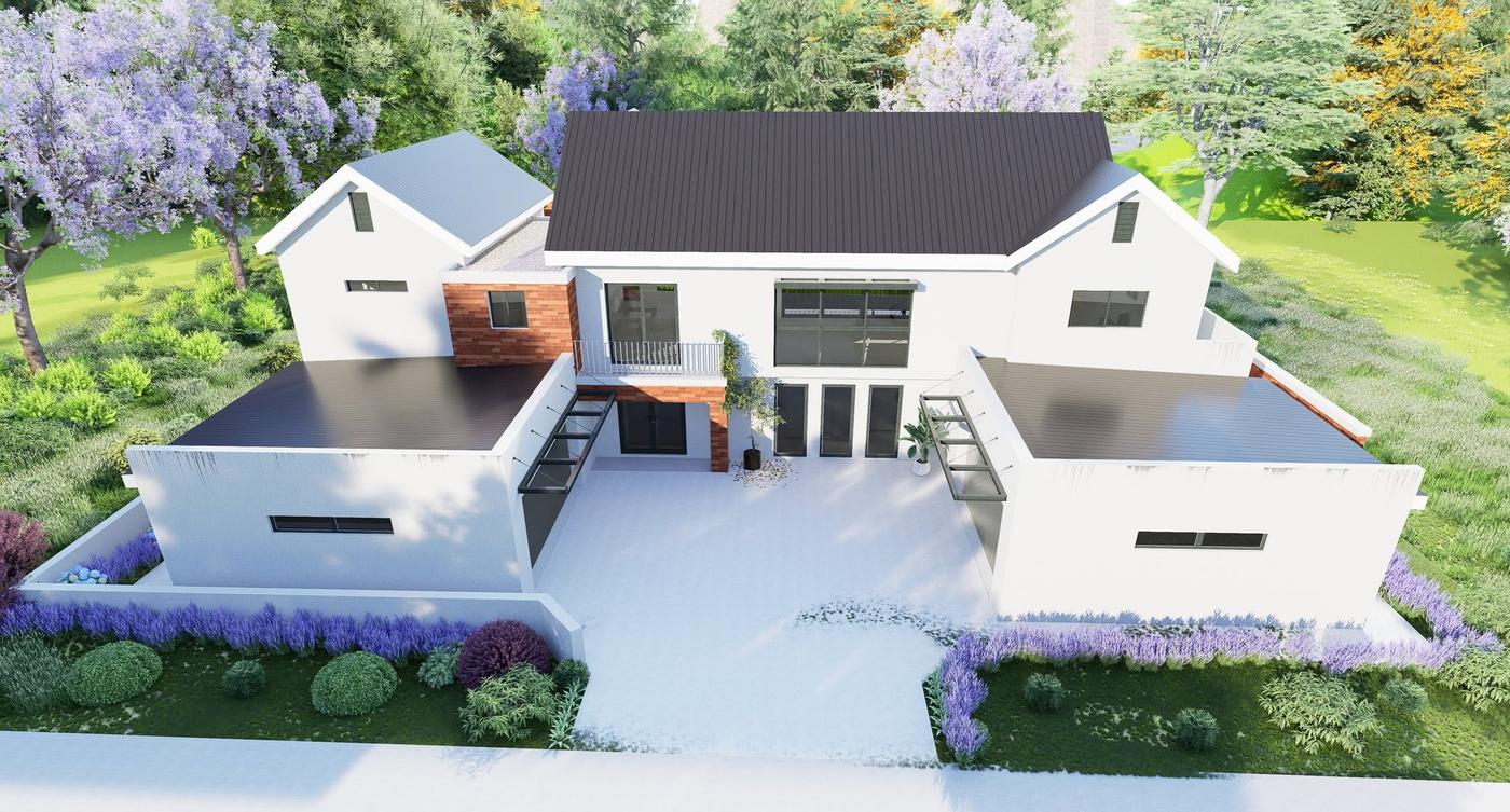 Lugaansig van Huis Mosselbaai se binnehof en dakvlakke — 3D-render deur Pro-Plan Mosselbaai