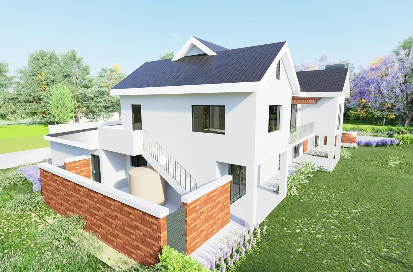 Sy-aansig met buitetrap en baksteenmuur — Huis Mosselbaai