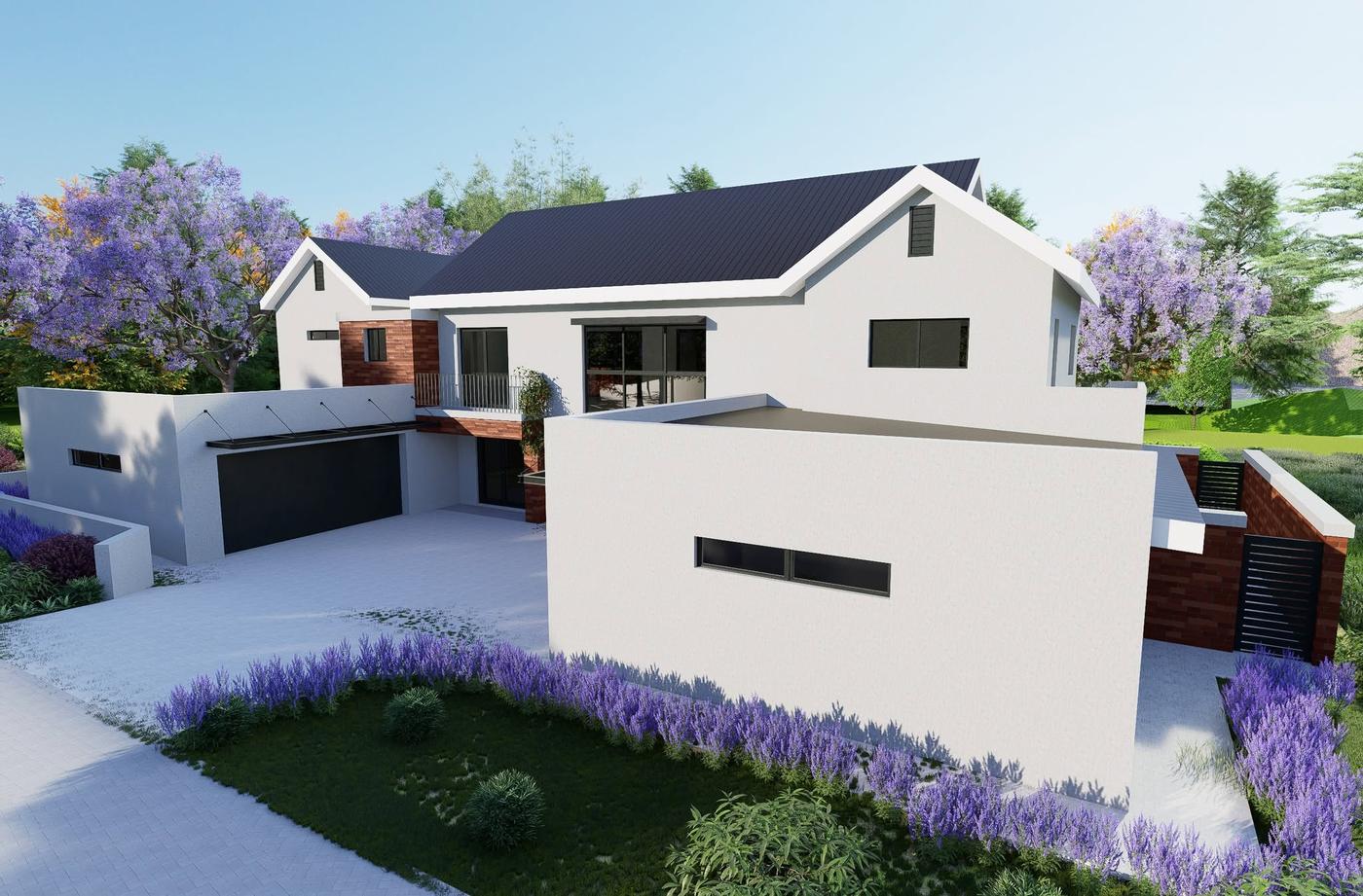 Vooraansig van Huis Mosselbaai met lavendeltuin en dubbelgarage